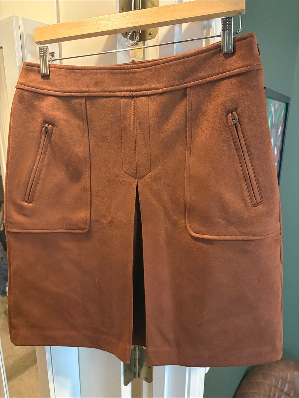 LOFT Brown Suede Front-Slit Skort with Zipper Pockets